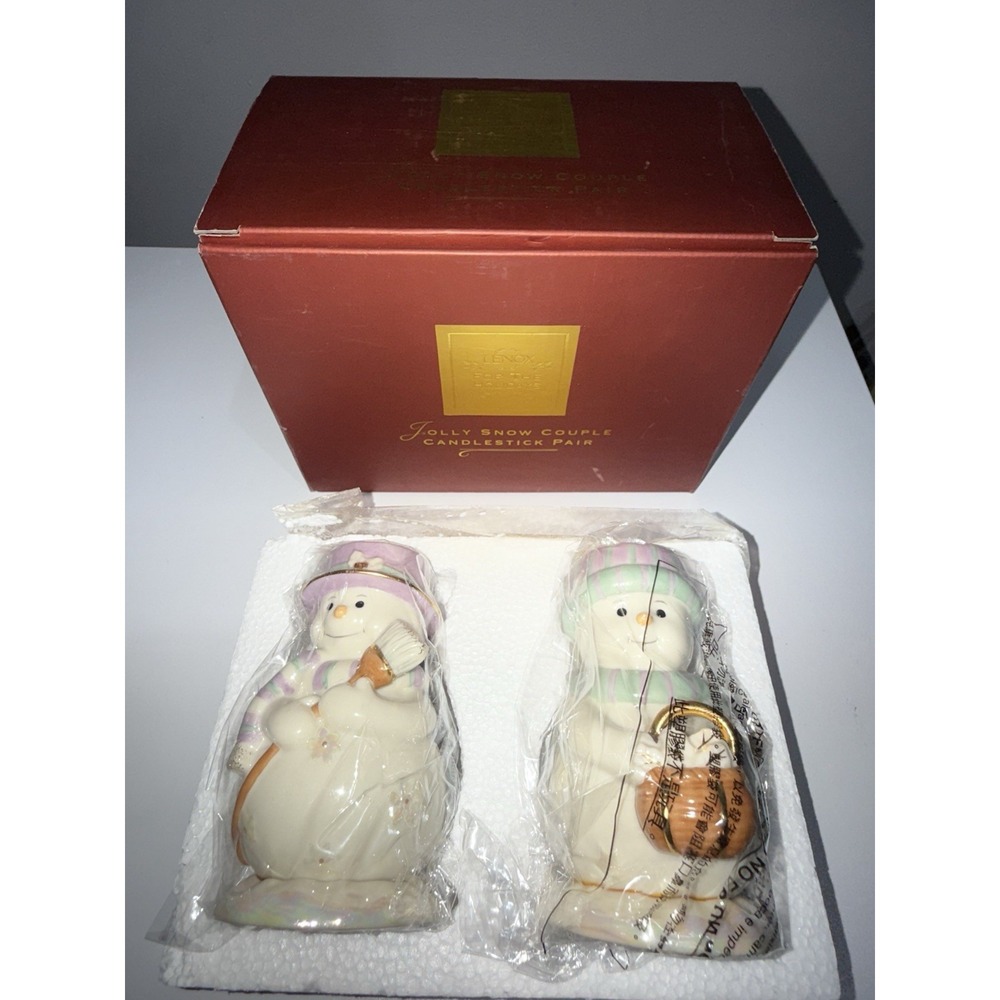 Lenox Jolly Snow Couple Candlestick Pair Porcelain Gold Trim Christmas 3.75" NIB